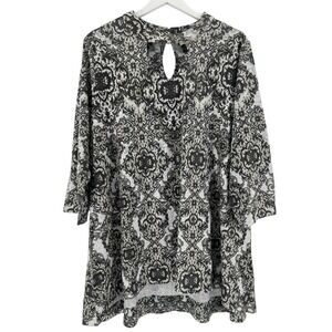 Style & Co Tunic Top Womens 3X Gray Black Damask Print Keyhole Stretch Knit